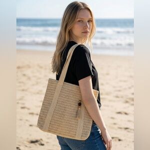 Natural Beige Woven Tote with Tassel
